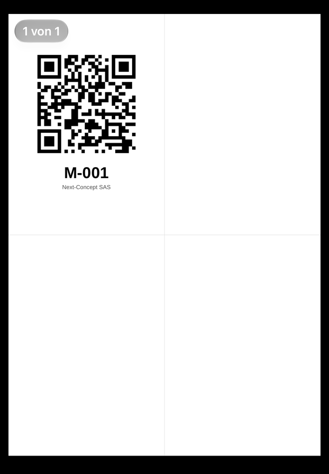 Druckblatt mit QR-Marken, vier je Seite, jede mit Kennung und Firmenname.